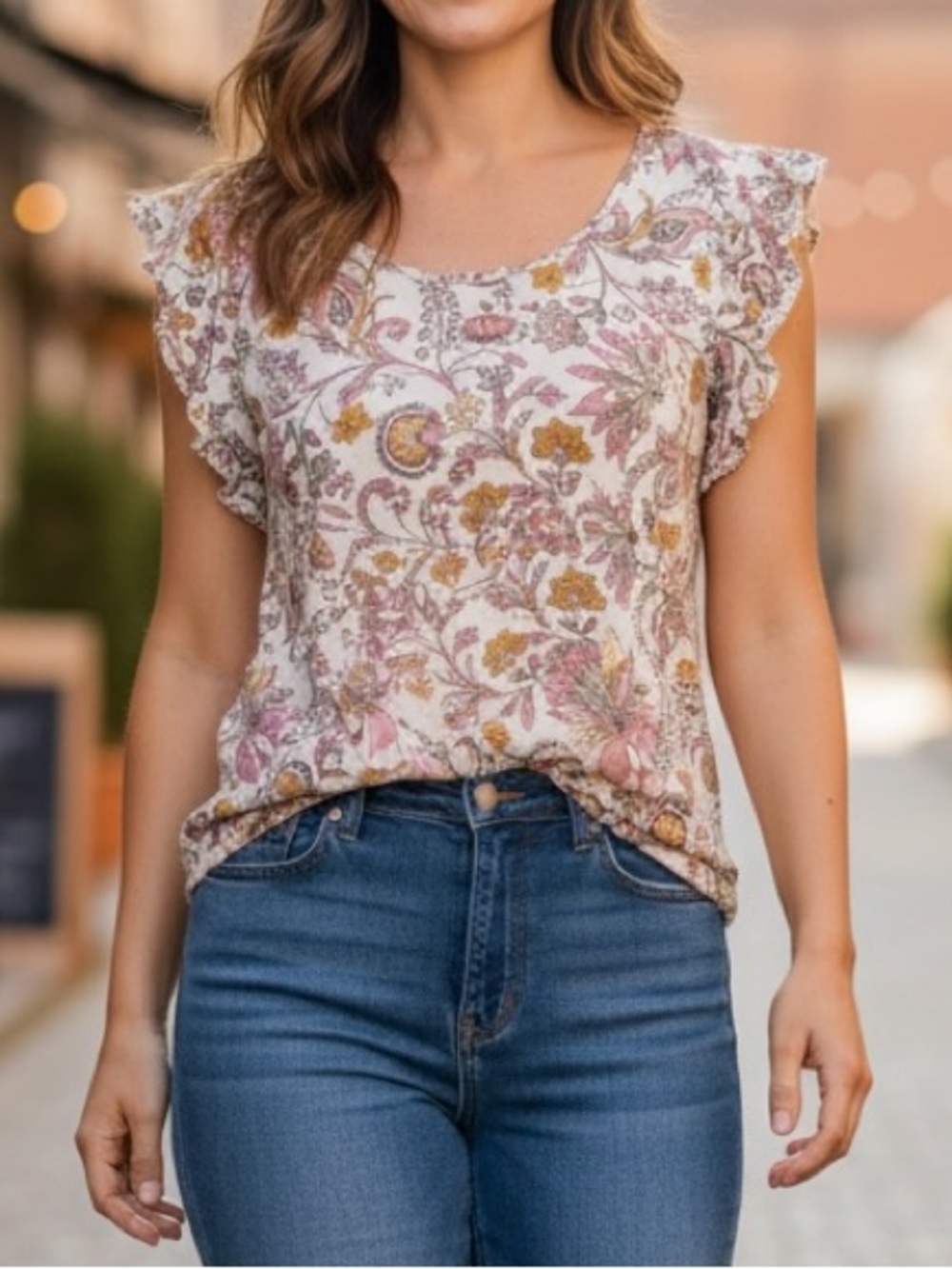 Rachel Zoe Linen Cream Floral Ruffle Sleeve Blouse Size L